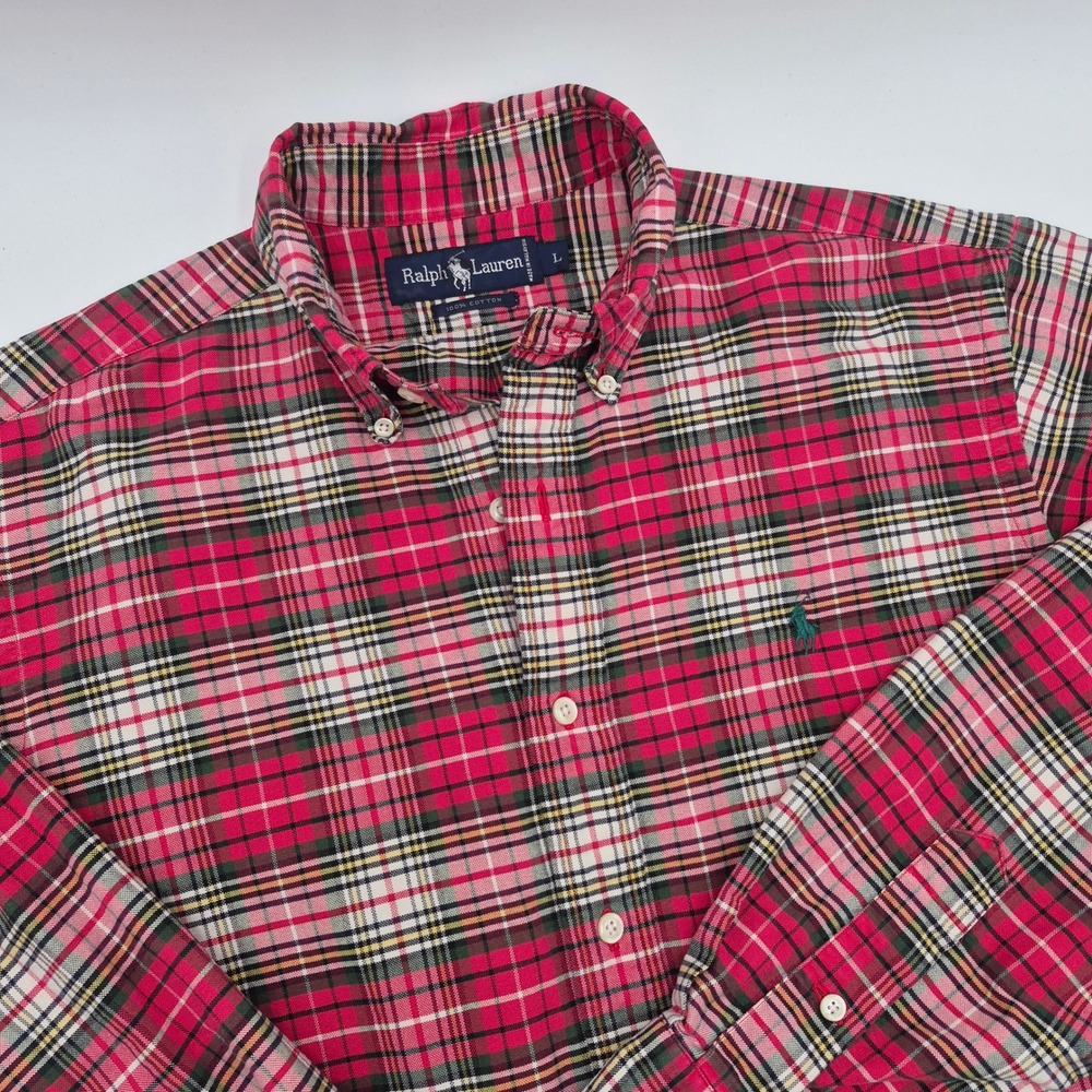 Ralph Lauren Mens Large Red Plaid Cotton Button Down Shirt Long Sleeve Pony Logo